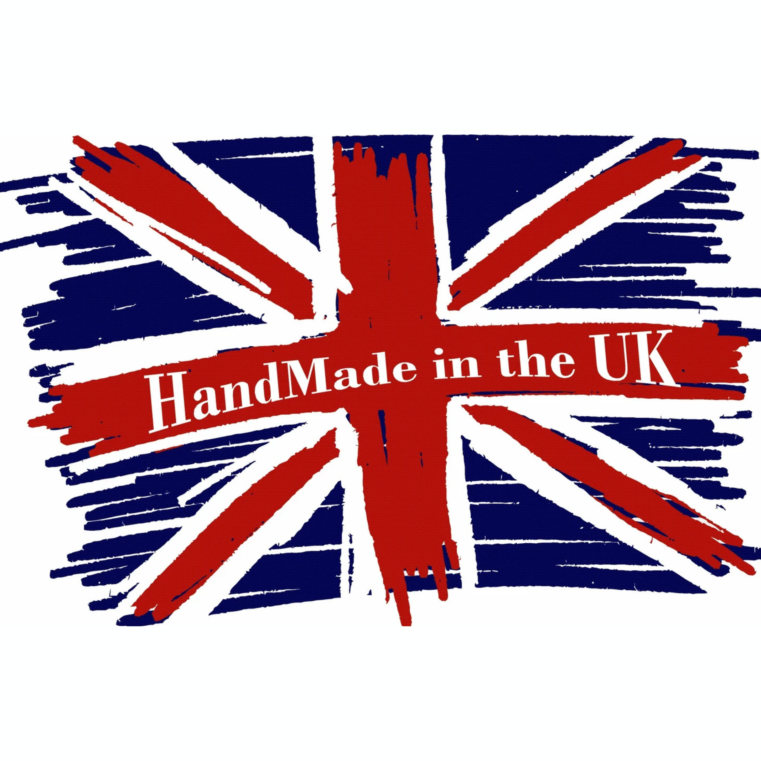 A stylized Union Jack flag graphic with red, white, and blue brushstroke textures and the text 'HandMade in the UK' across the center on a white background.