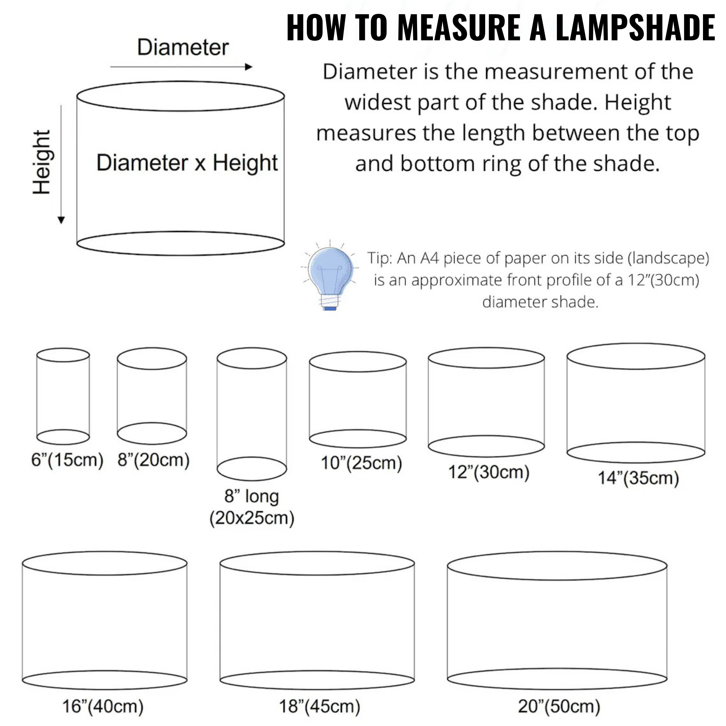 Instructional diagram titled 'HOW TO MEASURE A LAMPSHADE' showing a simple lampshade cylinder with diameter and height labels, plus a tip about an A4 paper profile and a list of common lampshade diameters with measurements in centimeters and inches.
