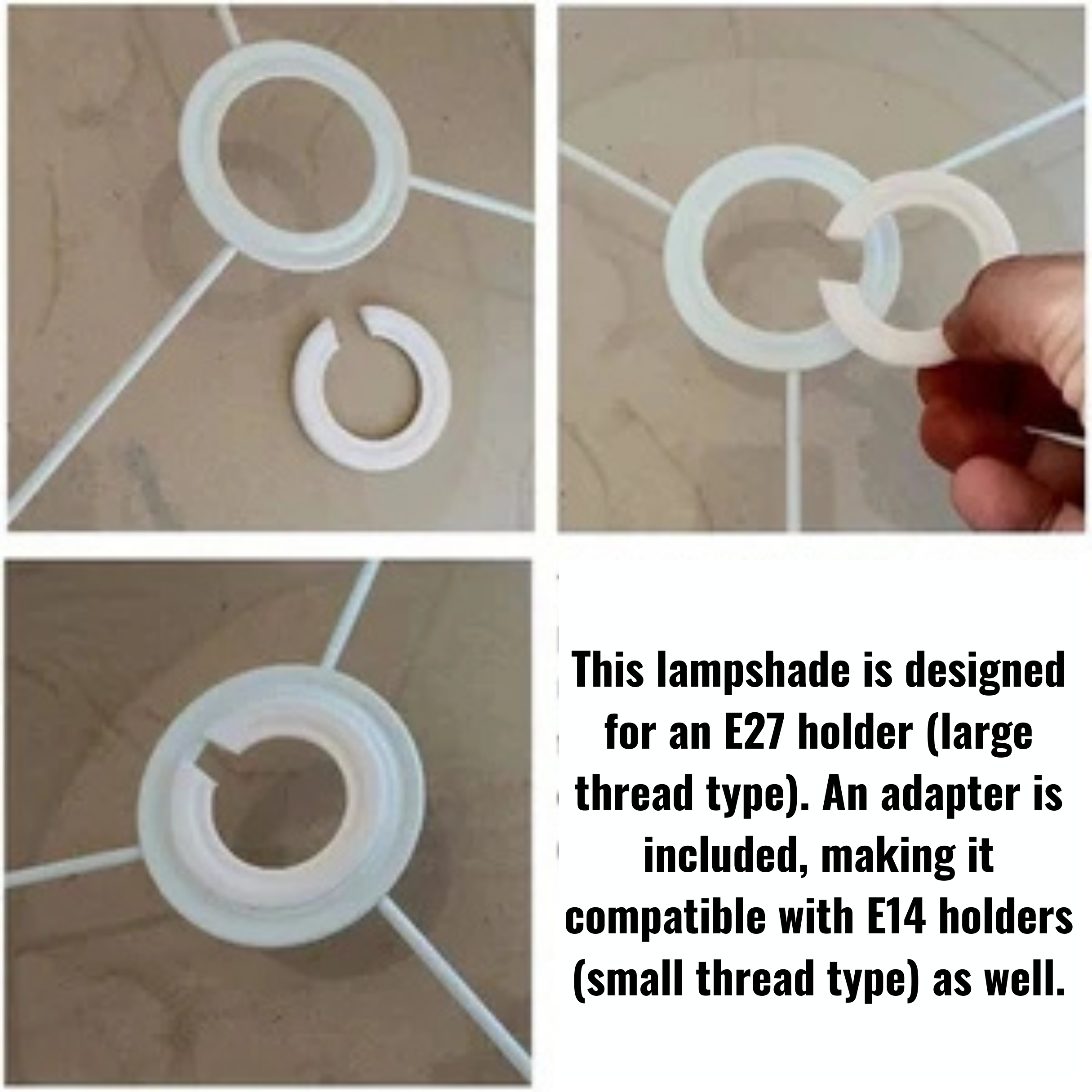 Three-panel product diagram showing a white plastic lampshade adapter ring and its compatibility with an E27 holder and an adapter for an E14 holder, with a hand holding one ring in the top-right panel. Text on the bottom right explains the compatibility.