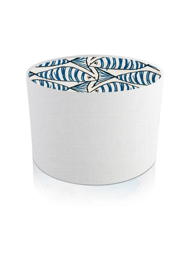 Leanne White with Padstow Blue Mackerel fish Interior Drum Lampshade