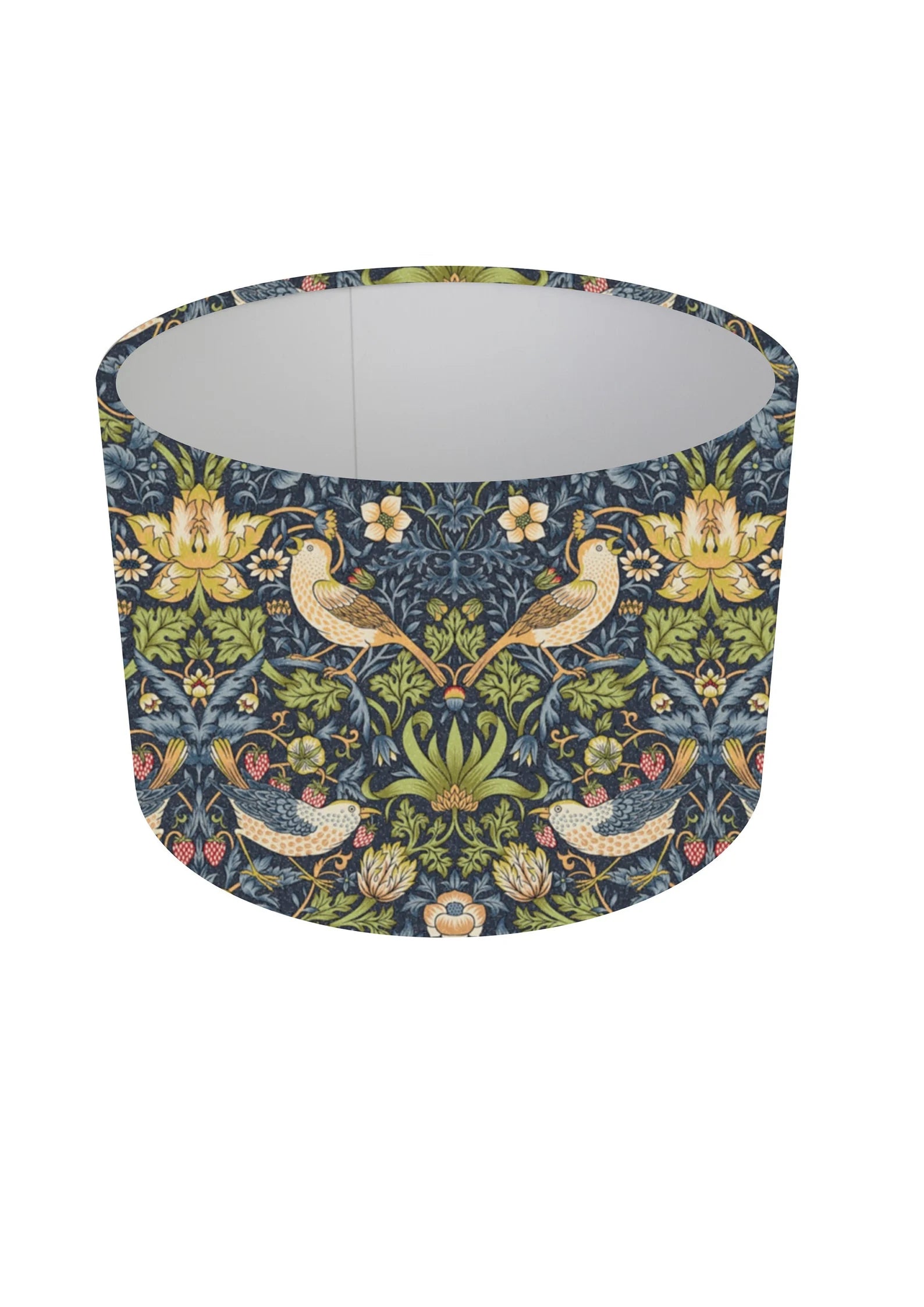 A drum lampshade featuring a classic William Morris-style floral and bird pattern in navy blue, green, yellow, and beige, shown against a plain white background.