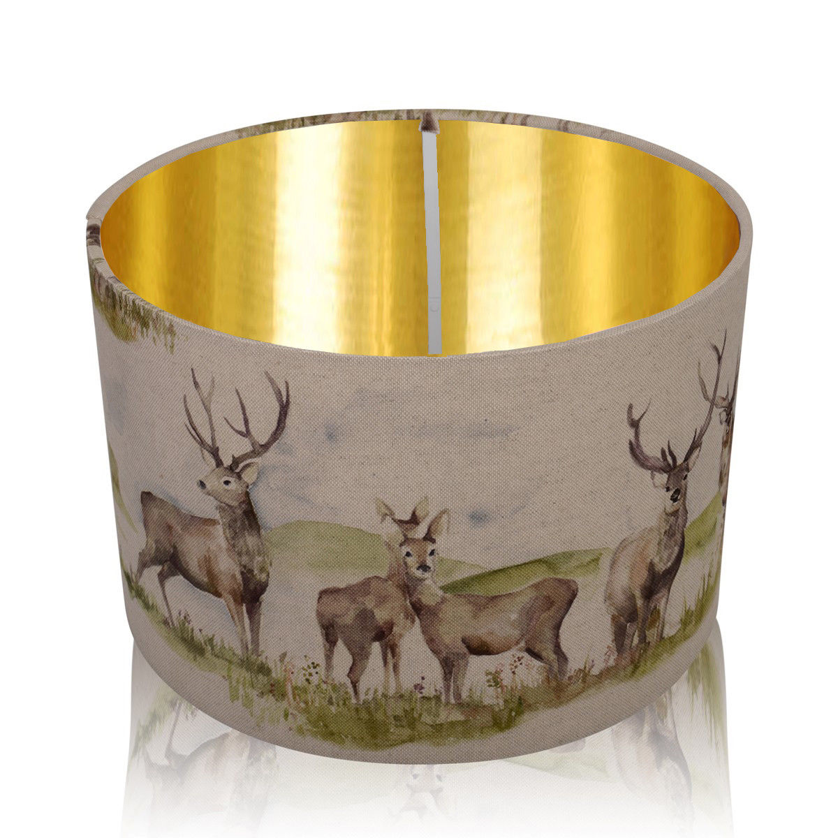 Moorland Stag Mirrored Gold Style Inner Handmade Drum Lampshade | furniturechecklist.co.uk